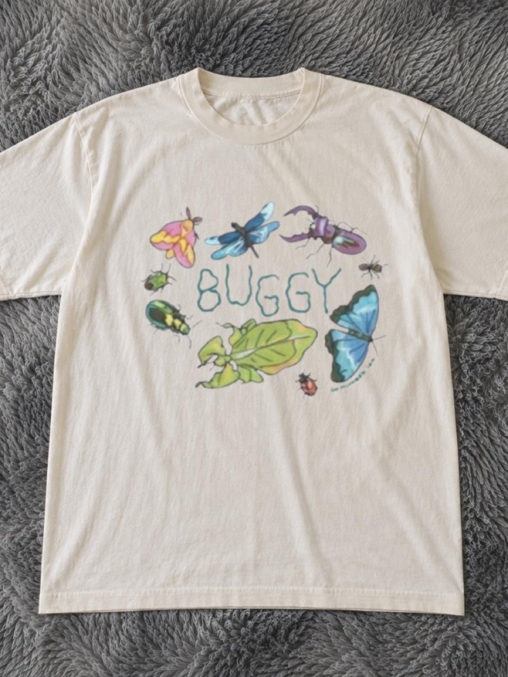 Gildan Cream Tee with Blue, Green, Pink & Purple Bug Graphic